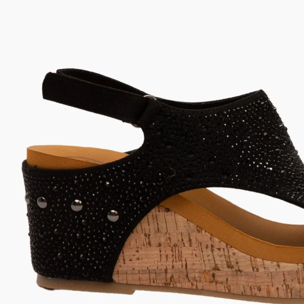 Made In Colombia Barbara Black Rhinestone Embellished Cork Sandal Wedges
